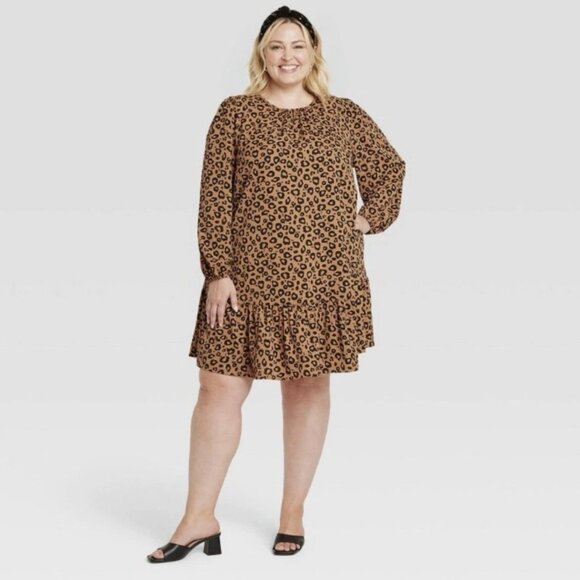 AVA & VIV Animal Cheetah Leopard Shift Ruffle Knee Length Midi Dress 1X NWT - Picture 3 of 3